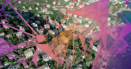Poster - Network of connections and data processing animation over aerial view of town