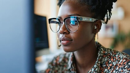 Poster - Focused Vision: Portrait of a woman in glasses, her attention riveted on a screen, embodying deep concentration and focus.
