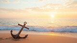 Anchor at Dawn: A rustic anchor rests on a sandy shore, framed by the serene expanse of the sea as the sun rises. A visual metaphor for grounding and hope.