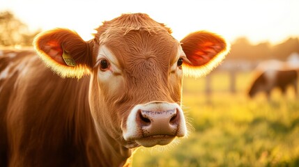 Aufkleber - Close-up of a gentle cow with soft fur textures illuminated by warm sunlight in a tranquil rural setting