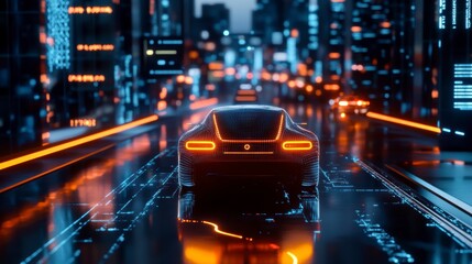 Poster - Futuristic car driving on a glowing city street at night.