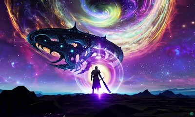 Wall Mural - A lone cosmic samurai, wielding a katana forged from stardust, faces off against a monstrous galactic kraken. The creature’s massive glowing tentacles weave through a nebula