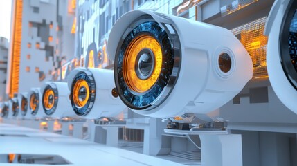 Poster - Futuristic cityscape with rows of advanced surveillance technology, glowing orange and blue details.