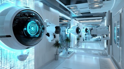 Poster - Futuristic hallway with robotic security cameras and glowing blue interfaces.