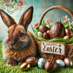 Wall Mural - easter bunny with its eggs