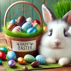 Wall Mural - easter bunny with its eggs