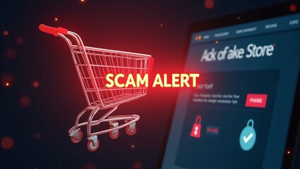 Aufkleber - A 3D rendered shopping cart next to a screen displaying a scam alert, highlighting online shopping risks.