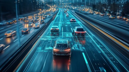 Poster - Autonomous cars driving on a highway at night, with digital data overlay.