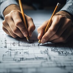 Aufkleber - Architectural Blueprint Creation: Close-up of Hands Drawing Detailed Plans with Dual Pencils, Emphasizing Precision and Design.