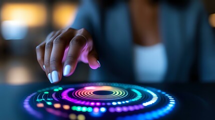 Poster - Futuristic holographic interface with human hand interacting with glowing circular neon pattern against dark background, showcasing modern technology concept.