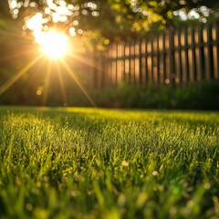 Poster - Golden Hour Glow: Sunlight Streaming Through Trees and Grass, Casting a Warm and Serene Ambiance in the Yard