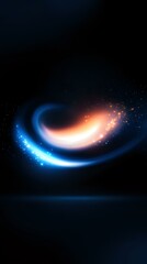 Poster - Glowing spiral light trails in orange and blue colors against dark background create cosmic effect with sparkling particles and ethereal atmosphere.