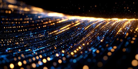 Poster - Abstract digital light trails with glowing blue and gold particles flowing in perspective, creating dynamic motion effect against dark background.