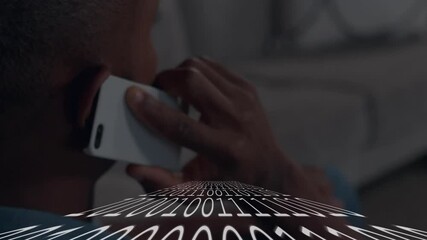 Poster - Person talking on phone with binary code animation overlaying scene