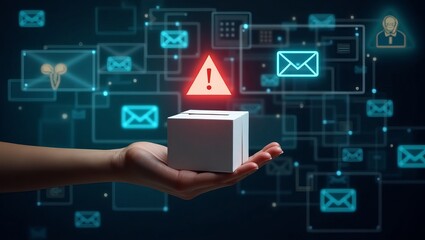 Poster - A close-up of a hand holding a white box with a red alert symbol, surrounded by digital icons representing communication.