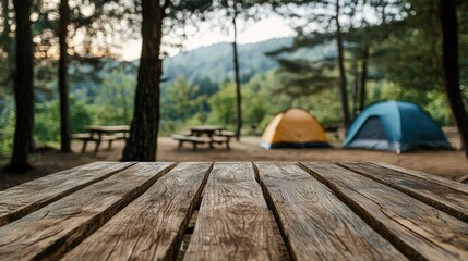 Poster - Close-up of a wooden table with an out-of-focus background of a forest campsite, colorful tents among trees, peaceful mood.