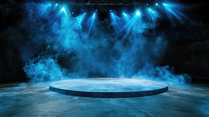 Leinwandbilder - Empty dark stage with a dark blue background, neon light and spotlights illuminating the concrete floor, smoke floating up for a dramatic display scene.