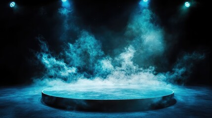 Poster - Empty dark stage with spotlights and neon blue lighting, smoke swirling over the concrete floor, ready for product placement and presentation.