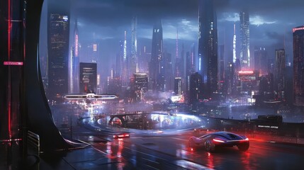 Poster - Futuristic cityscape at night, rain-slicked streets, neon lights, flying vehicles, modern architecture.