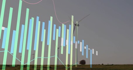 Poster - In field, wind turbines spinning with colorful data animation overlay for analysis