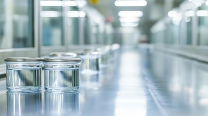 Poster - High-Tech Factory Assembly Line for Processing Small Glass Containers in Modern Production Environment