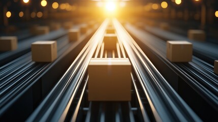 Poster - High-Tech Factory Assembly Line with Packages Moving Toward Bright Light at Sunset