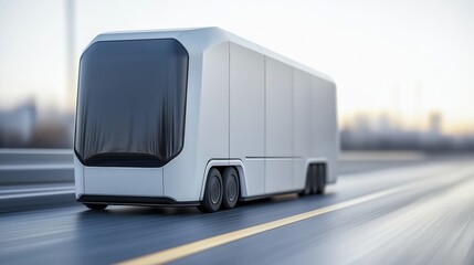 Poster - Futuristic Autonomous Delivery Truck Driving on Highway with Modern City Background at Sunset
