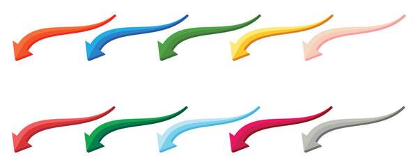 Fototapete - Curve long 3D single headed arrow icon set. Multi colored single headed arrow icon set on white background. Arrow vector icons set. Arrow indicated the direction symbol.