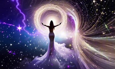 Wall Mural - A radiant astral goddess with flowing cosmic hair weaves constellations into existence with her celestial fingertips. Stars spiral outward from her hands, forming new galaxies
