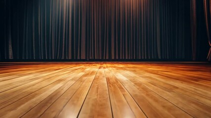 Poster - Dramatic Empty Stage with Soft Spotlight Illuminating a Gleaming Wooden Floor and Rich Velvet Curtains in a Theatrical Setting
