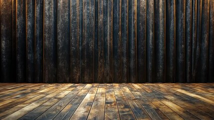 Poster - Dark Textured Backdrop with Vertical Lines and Wooden Floor Perfect for Presentation, Theater, or Photography Background Setting