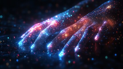 glowing hands touch cosmic dust, nebula background, fantasy art