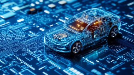 Aufkleber - Transparent car model on circuit board, showcasing electric vehicle technology and innovation.