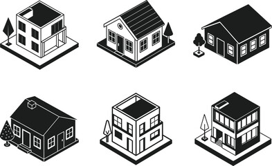 set of isometric house silhouette vectors – modern and traditional black building icons