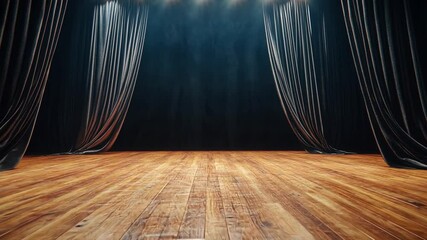 Poster - Empty theater stage with dramatic curtains and warm wooden floor, awaiting a performance under bright stage lights, atmospheric and artistic backdrop