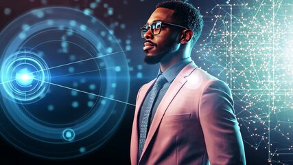 Poster - Visionary in Tech: A modern black man in a suit and glasses is deeply focused in the realm of data, surrounded by digital technology, representing innovation.