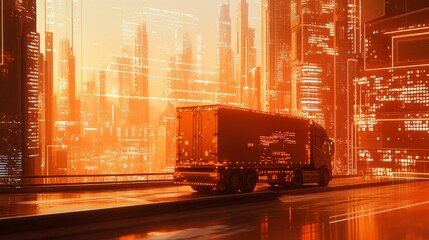 Poster - Futuristic cityscape with a delivery truck on a highway at sunset.