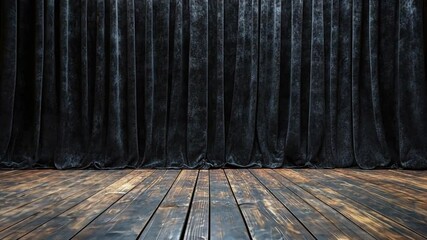 Poster - Black Velvet Curtain with Wooden Floor Background for Theatrical or Dramatic Use in Photography, Design, or Event Decorations