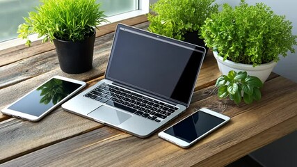 Poster - Laptop and Mobile on Wooden Table Generative AI