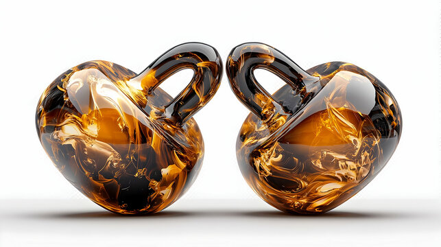 Two Glossy Orange and Black Kettlebells in Heart Shape on White Background