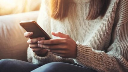 Poster - Woman Engages With Social Media Microblogging App on Smartphone Generative AI