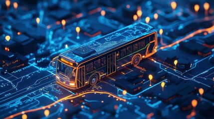 Poster - Futuristic digital bus navigating a smart city circuit.