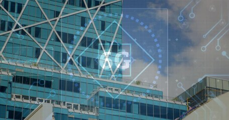 Poster - Digital interface animation over modern glass building with geometric patterns