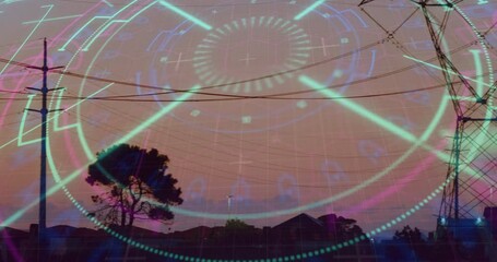 Poster - Digital interface animation overlaying suburban landscape with power lines and trees