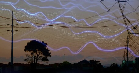Poster - Animation of glowing waves overlaying silhouetted power lines against sky