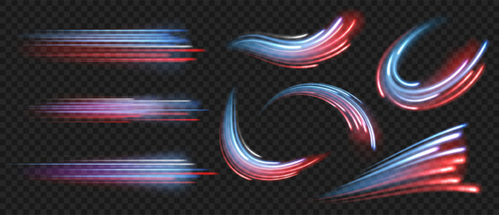Poster - Glowing color speed line. Light motion straight and curved trails. High speed lines with motion blurred light effect in blue and red color. Flying cosmic meteors vector set.