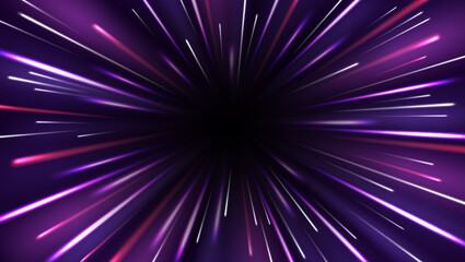 Poster - Radial motion effect. High speed light rays, zoom in motion blur effect, starburst dynamic lines and hyperspace jump. Vector abstract tunnel through space background.