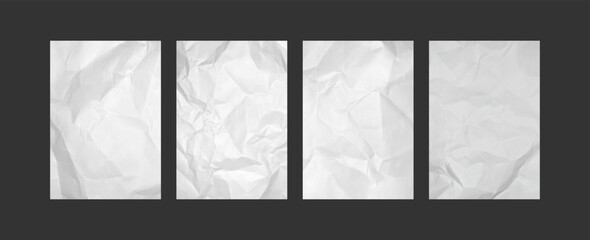 Poster - Crumpled paper sheets. Blank sheet with wrinkles, empty white pages with realistic crumpled texture. Paper with creases, trendy poster, flyer and banner templates. Vector 3d mockups.