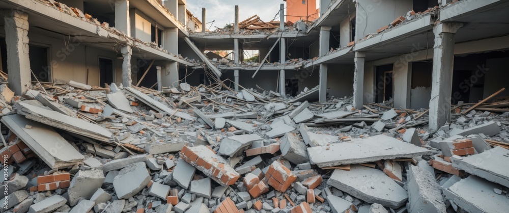 destroyed buildings, earthquake aftermath, concrete rubble, collapsed ...