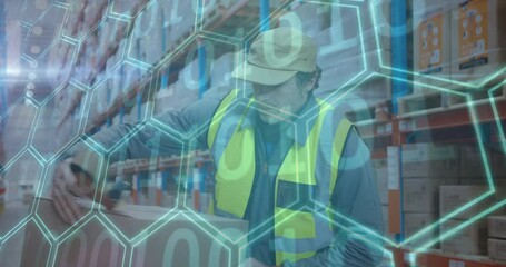 Poster - Organizing boxes, warehouse worker with digital hexagonal animation data overlay